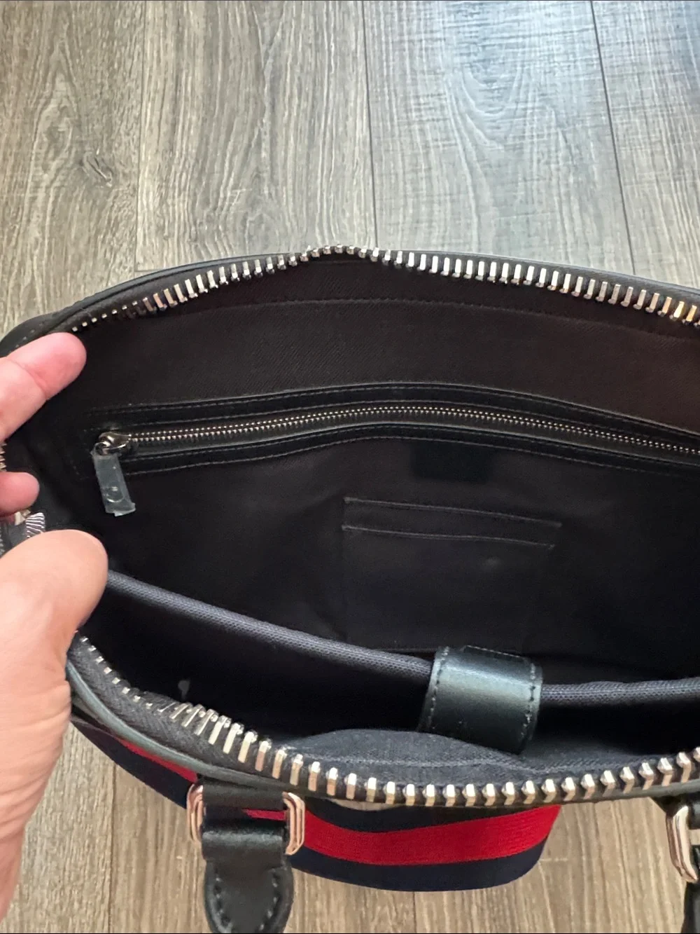 Gucci Men's Black-Gray GG Supreme Laptop Briefcase with Red-Blue Web Strap